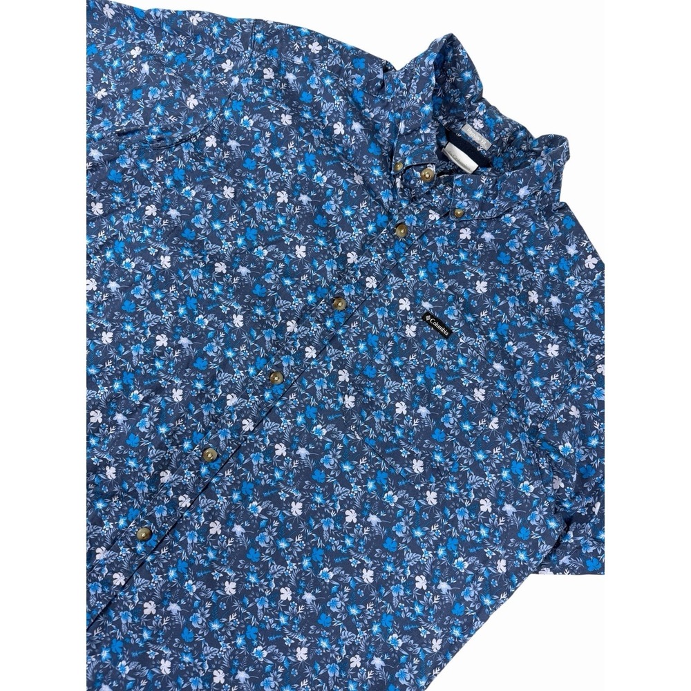 Columbia Floral Button Up Shirt Mens Large Blue Short Sleeve Casual Outdoor